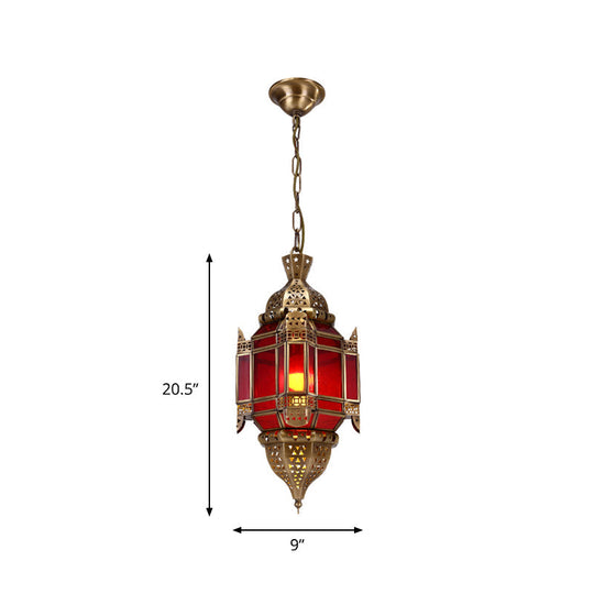 Red Glass Lantern Pendant Chandelier - Traditional Style - 3 Light Brass Fixture