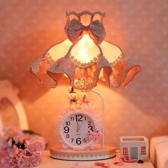 Kids Pink Scalloped Nightstand Light with Fabric Shade, Clock, and 1 Bulb