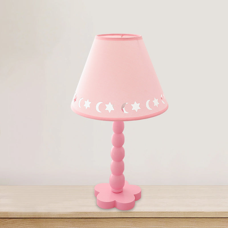 Kids Cone Table Lamp: Cute Fabric 1-Light Night Light with Cutout Design, Wood Base - Pink/White/Green