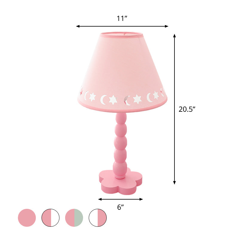 Kids Cone Table Lamp: Cute Fabric 1-Light Night Light with Cutout Design, Wood Base - Pink/White/Green