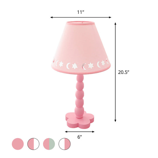 Kids Cone Table Lamp: Cute Fabric 1-Light Night Light with Cutout Design, Wood Base - Pink/White/Green