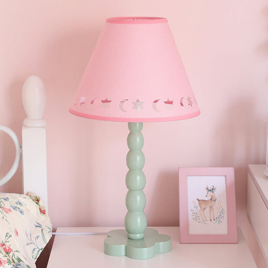 Kids Cone Table Lamp: Cute Fabric 1-Light Night Light with Cutout Design, Wood Base - Pink/White/Green