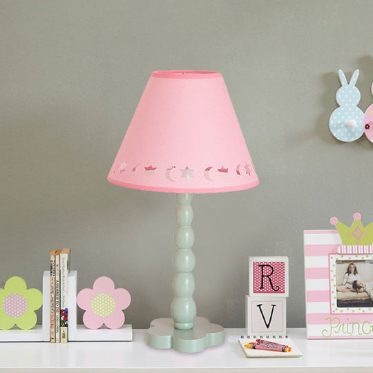 Kids Cone Table Lamp: Cute Fabric 1-Light Night Light with Cutout Design, Wood Base - Pink/White/Green