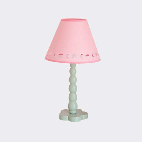 Kids Cone Table Lamp: Cute Fabric 1-Light Night Light with Cutout Design, Wood Base - Pink/White/Green