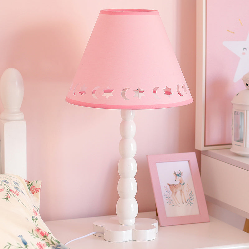 Kids Cone Table Lamp: Cute Fabric 1-Light Night Light with Cutout Design, Wood Base - Pink/White/Green