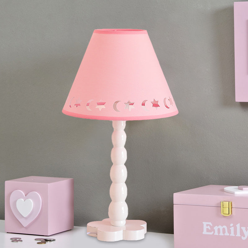 Kids Cone Table Lamp: Cute Fabric 1-Light Night Light with Cutout Design, Wood Base - Pink/White/Green