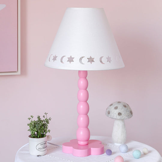 Kids Cone Table Lamp: Cute Fabric 1-Light Night Light with Cutout Design, Wood Base - Pink/White/Green