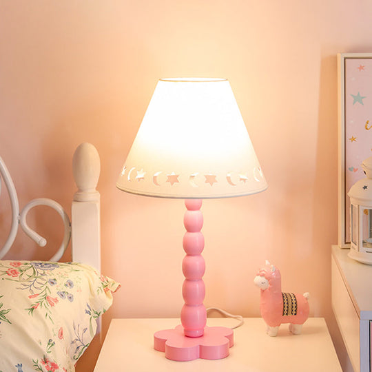 Kids Cone Table Lamp: Cute Fabric 1-Light Night Light with Cutout Design, Wood Base - Pink/White/Green