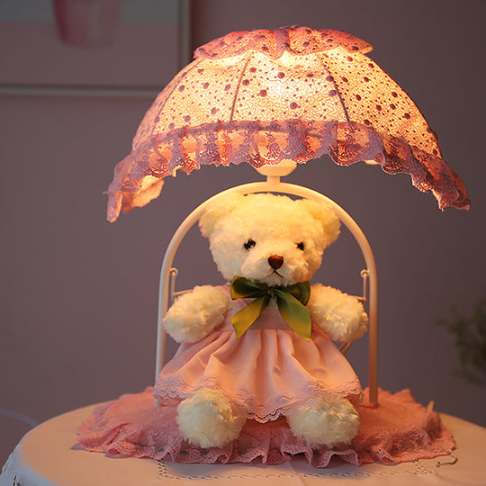 Pink Kids' Bear Table Lamp with Lace Trim - Ideal Nursery Nightstand Lighting