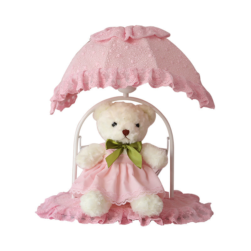 Pink Kids' Bear Table Lamp with Lace Trim - Ideal Nursery Nightstand Lighting