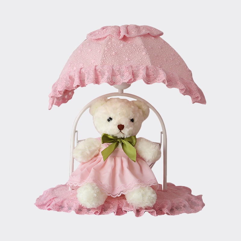 Pink Kids' Bear Table Lamp with Lace Trim - Ideal Nursery Nightstand Lighting