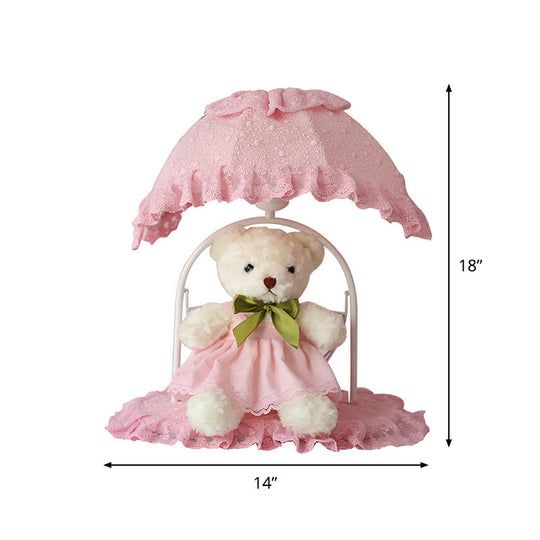Pink Kids' Bear Table Lamp with Lace Trim - Ideal Nursery Nightstand Lighting