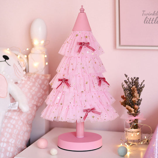Kids Pink Christmas Tree Table Nightstand Light with Round Base - Perfect for Girl's Bedroom