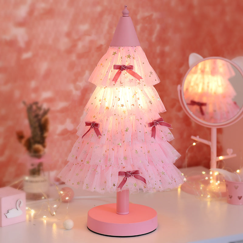 Kids Pink Christmas Tree Table Nightstand Light with Round Base - Perfect for Girl's Bedroom