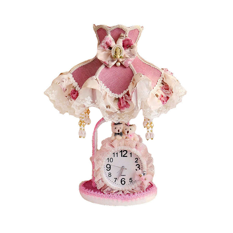 Frill Nightstand Lighting Kids Night Light with Purple-Pink Fabric, Lace Trim, and Clock