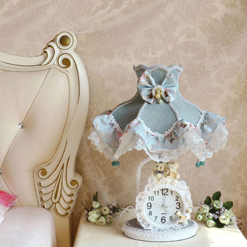 Princess Dress Nightstand Lamp in Aqua with Clock - Kids Fabric 1 Bulb Light for Living Room