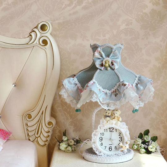 Princess Dress Nightstand Lamp in Aqua with Clock - Kids Fabric 1 Bulb Light for Living Room