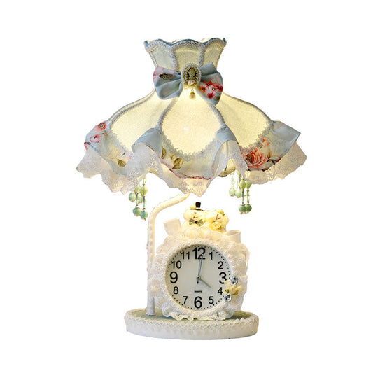 Princess Dress Nightstand Lamp in Aqua with Clock - Kids Fabric 1 Bulb Light for Living Room