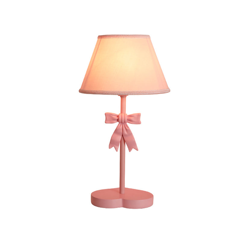 Kids Conical Fabric Night Table Lamp - 1-Bulb Pink Nightstand Light with Bow Decoration