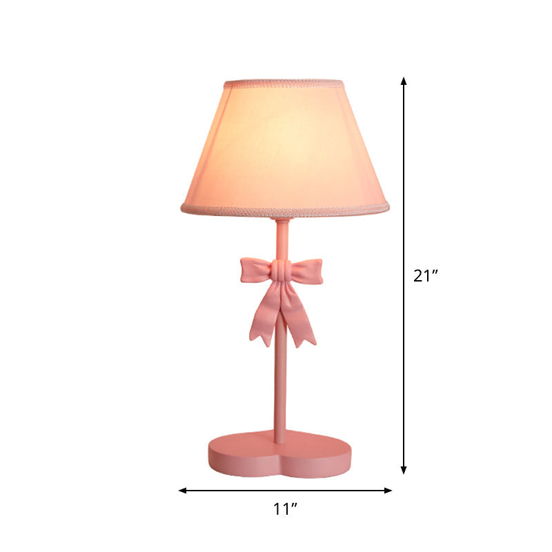 Kids Conical Fabric Night Table Lamp - 1-Bulb Pink Nightstand Light with Bow Decoration