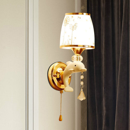 Dolphin Wall Mount Light Metal Sconce in White with Pull Chain - Kids' Bedside Fixture, 1/2 Lights