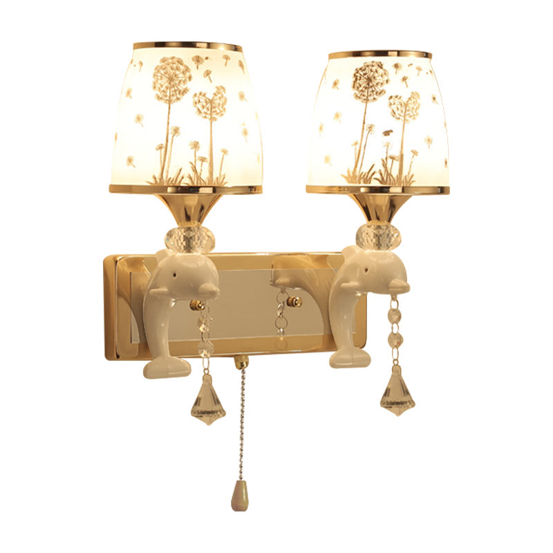 Dolphin Wall Mount Light Metal Sconce in White with Pull Chain - Kids' Bedside Fixture, 1/2 Lights