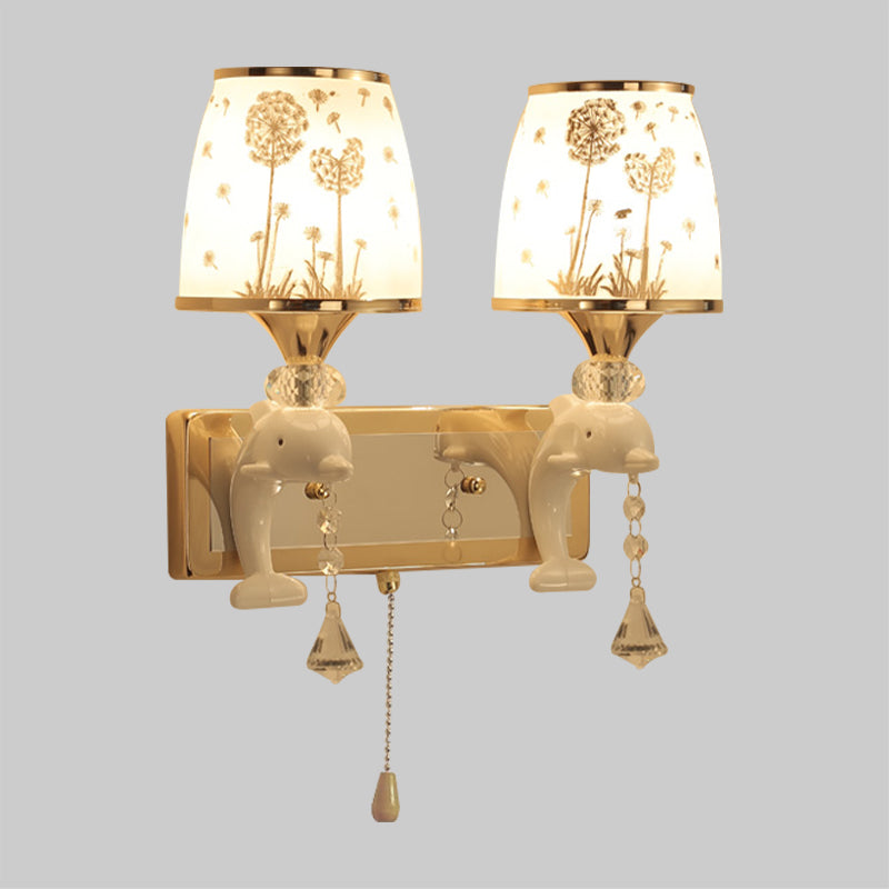 Dolphin Wall Mount Light Metal Sconce in White with Pull Chain - Kids' Bedside Fixture, 1/2 Lights