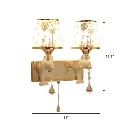 Dolphin Wall Mount Light Metal Sconce in White with Pull Chain - Kids' Bedside Fixture, 1/2 Lights
