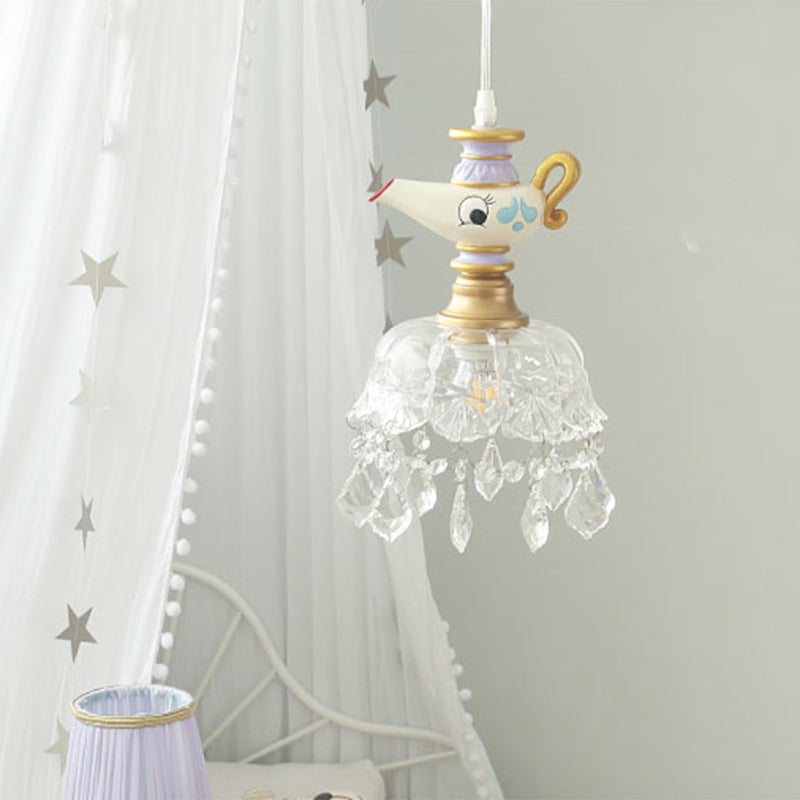 White Teapot Pendant Kids Light - Clear Glass Hanging Ceiling Light for Bedroom