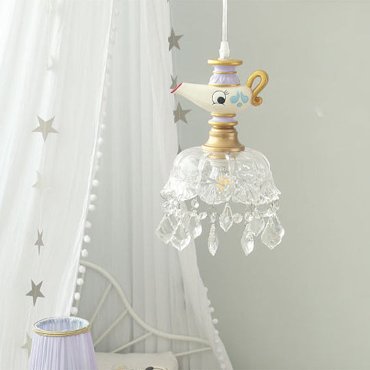 White Teapot Pendant Kids Light - Clear Glass Hanging Ceiling Light for Bedroom