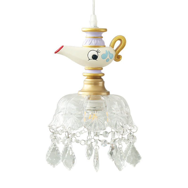 White Teapot Pendant Kids Light - Clear Glass Hanging Ceiling Light for Bedroom