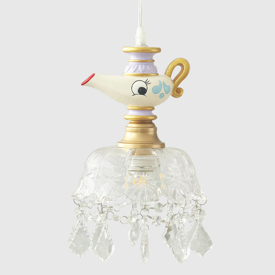 White Teapot Pendant Kids Light - Clear Glass Hanging Ceiling Light for Bedroom