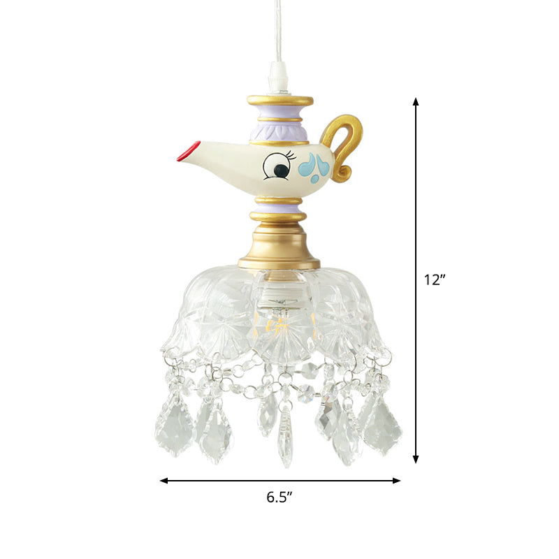 White Teapot Pendant Kids Light - Clear Glass Hanging Ceiling Light for Bedroom