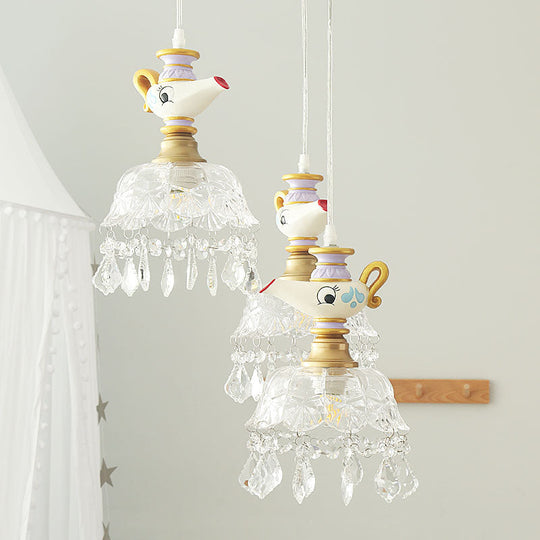 White Teapot Pendant Kids Light - Clear Glass Hanging Ceiling Light for Bedroom