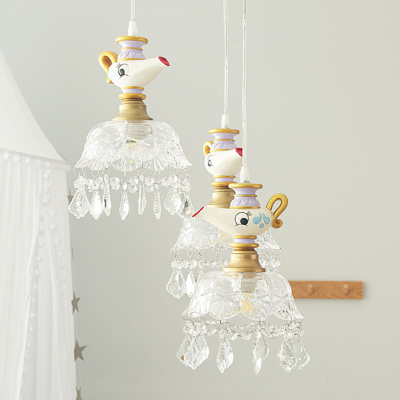 White Teapot Pendant Kids Light - Clear Glass Hanging Ceiling Light for Bedroom