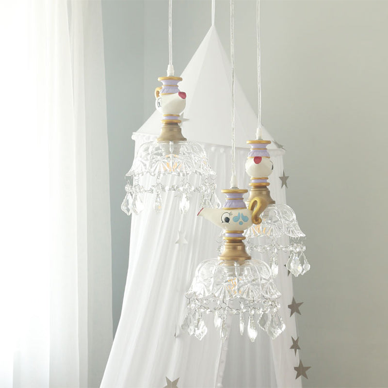 White Teapot Pendant Kids Light - Clear Glass Hanging Ceiling Light for Bedroom