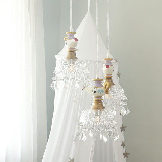 White Teapot Pendant Kids Light - Clear Glass Hanging Ceiling Light for Bedroom
