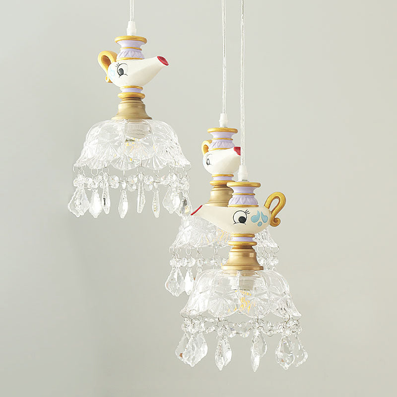 White Teapot Pendant Kids Light - Clear Glass Hanging Ceiling Light for Bedroom
