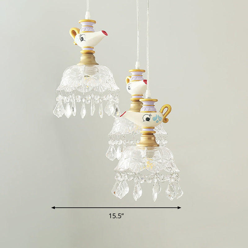 White Teapot Pendant Kids Light - Clear Glass Hanging Ceiling Light for Bedroom