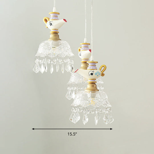 White Teapot Pendant Kids Light - Clear Glass Hanging Ceiling Light for Bedroom