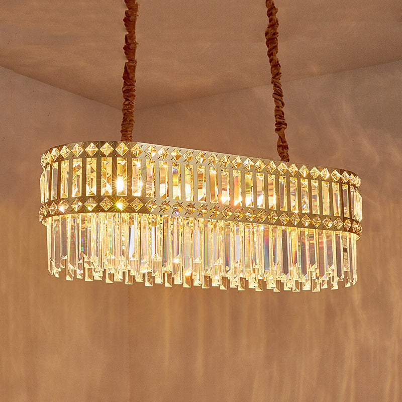 Contemporary 10-Light Crystal Pendant for Elongated Dining Tables in Gold
