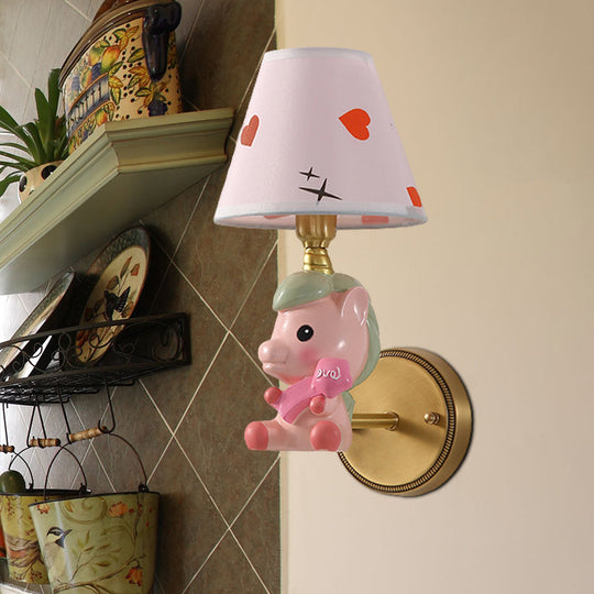 Cartoon Pony Base Kids Metal Sconce: Single Light Pink/Blue Wall Mounted Light Fixture