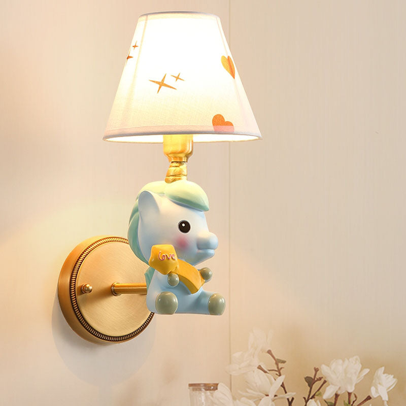 Cartoon Pony Base Kids Metal Sconce: Single Light Pink/Blue Wall Mounted Light Fixture