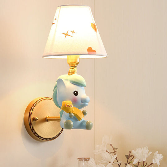 Cartoon Pony Base Kids Metal Sconce: Single Light Pink/Blue Wall Mounted Light Fixture