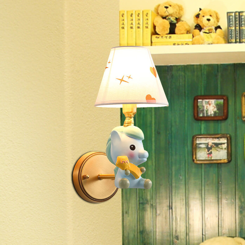 Cartoon Pony Base Kids Metal Sconce: Single Light Pink/Blue Wall Mounted Light Fixture
