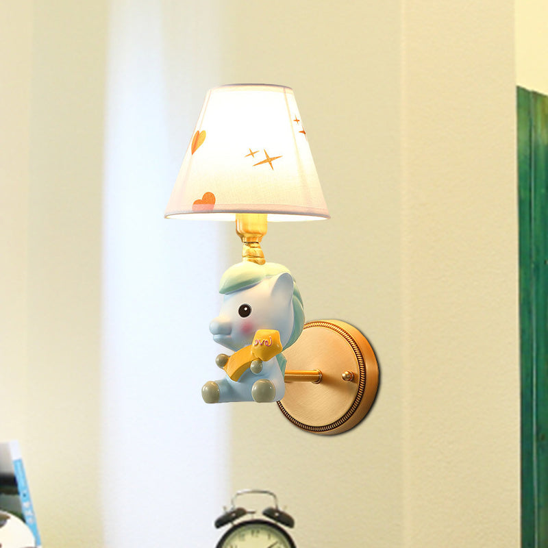 Cartoon Pony Base Kids Metal Sconce: Single Light Pink/Blue Wall Mounted Light Fixture