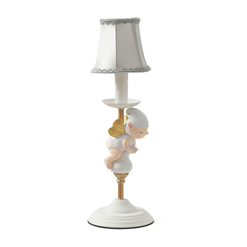 Small Elf Base Bedside Desk Light for Kids with White and Gold Empire Shade