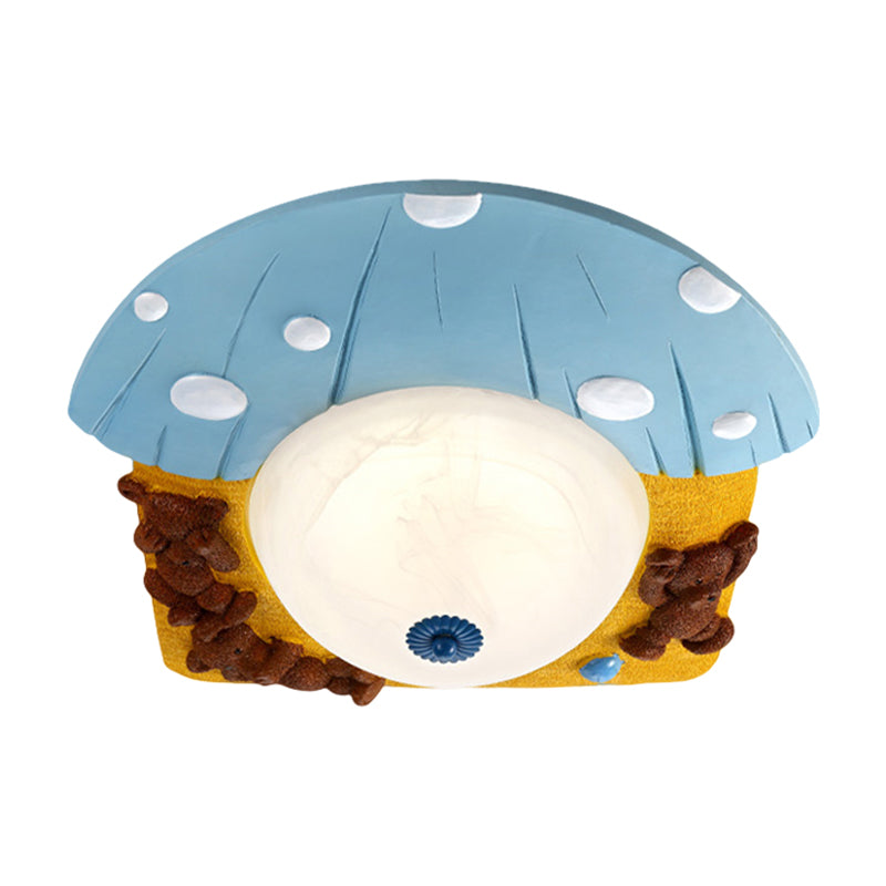 Cartoon Bear Ceiling Mounted LED Flush Light for Kids' Rooms - Red/Blue with White Glass Shade