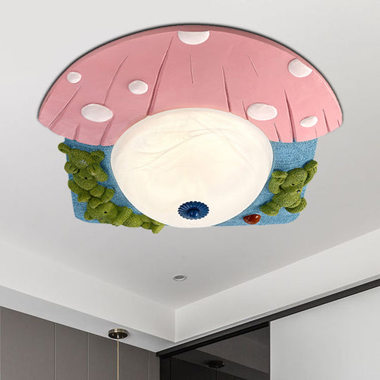 Cartoon Bear Ceiling Mounted LED Flush Light for Kids' Rooms - Red/Blue with White Glass Shade