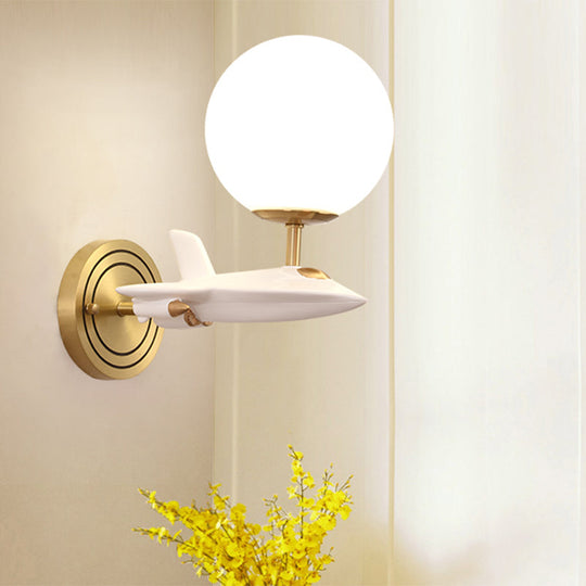 Gold Spaceship Wall Sconce with Cream Glass Globe for Kids Room - 1/2 Bulb Fixture in White & Gold